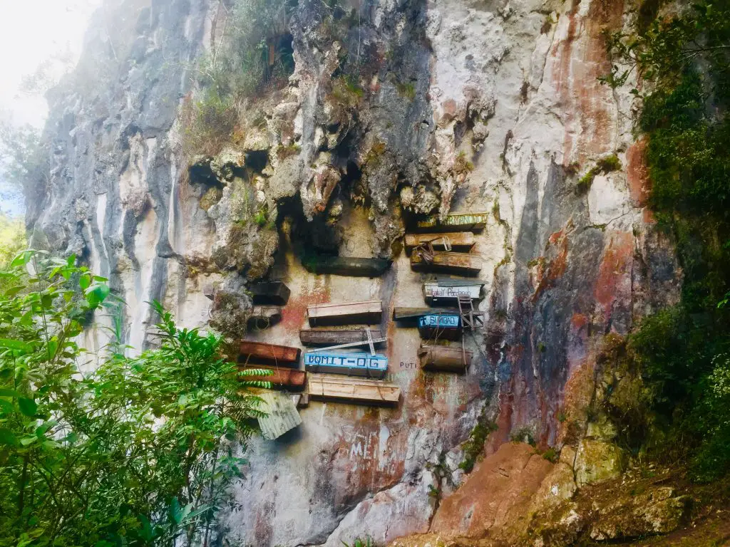 A close-up view of Sagada hanging coffins